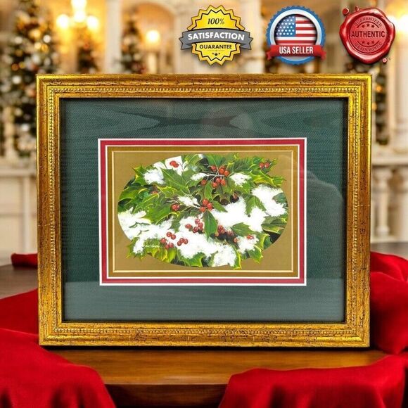 Vern Hippensteal Watercolor Holly Framed Wall Art Christmas Holiday Decor 11x9"
